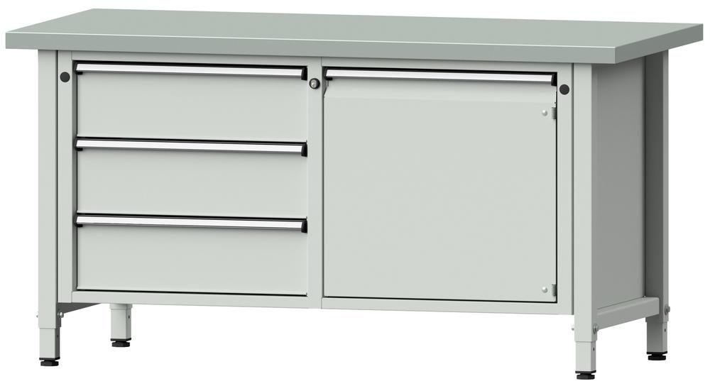 Werkbank SERIE ERGO | lichtgrijs RAL 7035 | 3 lades + 1 deur | plaatstaal blad