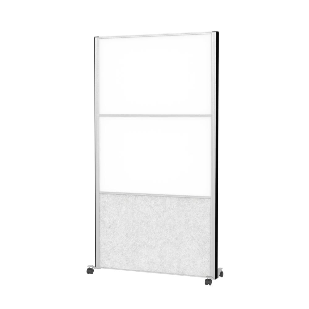 Wandpaneelsysteem mobiel met rolvoet | 2 x whiteboard, 1 x akoestisch element lichtgrijs | met wieltjes, frame zilver