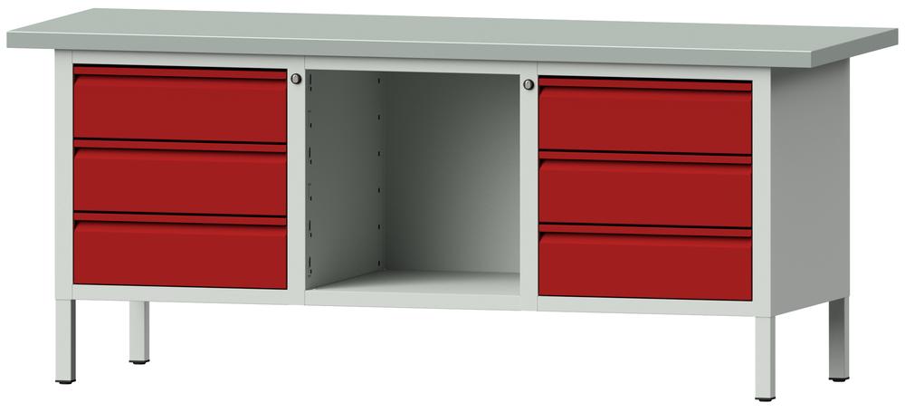 Werkbank SERIE ALLROUND | karmijn RAL 3002 | plaatstaal blad