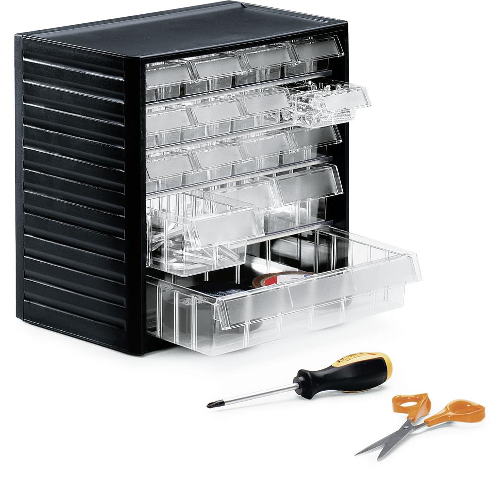 Ladekast voor kleine onderdelen met 16 laden | H 290 x B 310 x D 180 mm | 12 laden - Typ 2 (maat B 69 x H 37 x D 175 mm), 3 - Typ 4 (B 92 x H 59 x D 175), 1 - Typ 5 (B 277 x H 59 x D 175 mm)