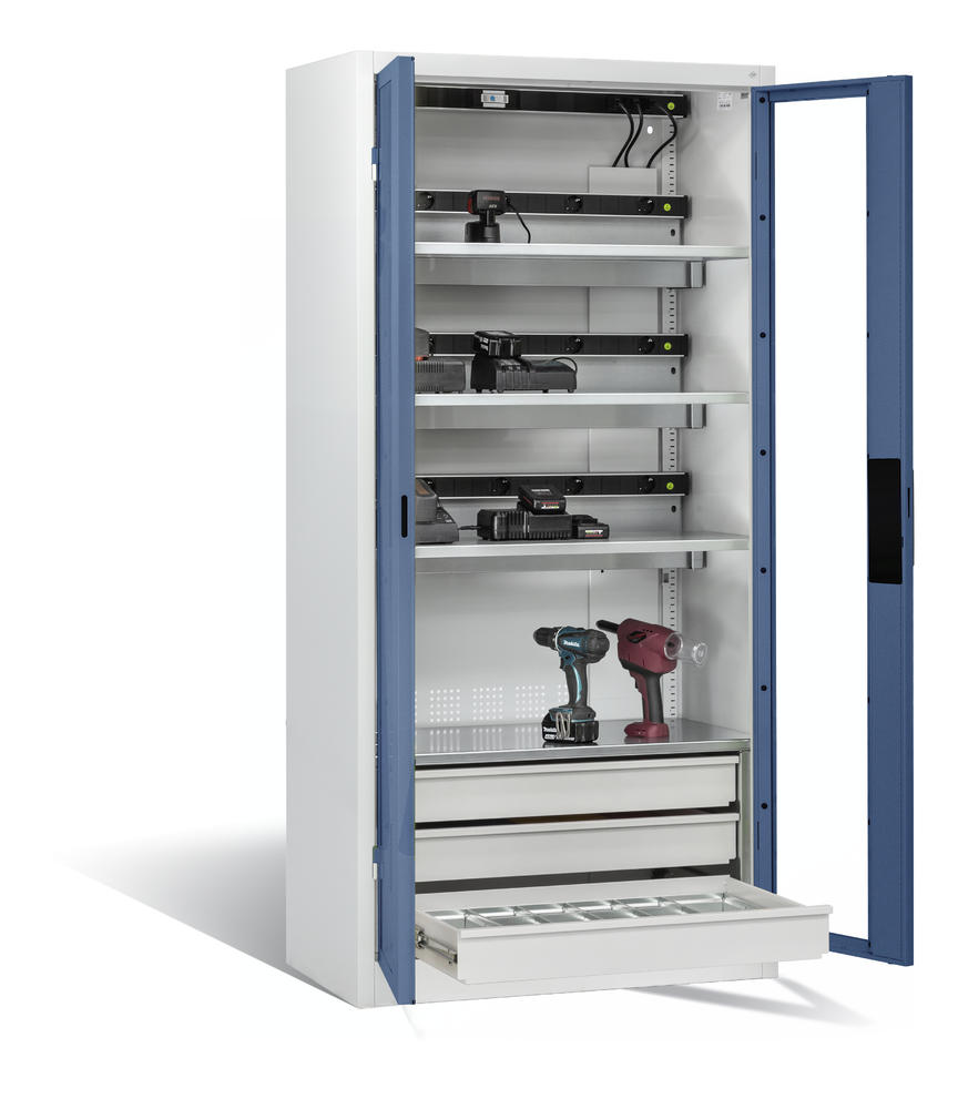 Acculaderkasten Comfort, zichtvensterdeuren | blauw RAL 5023 | Comfort, met ladeblok | zichtvensterdeuren | lichtgrijs RAL 7035