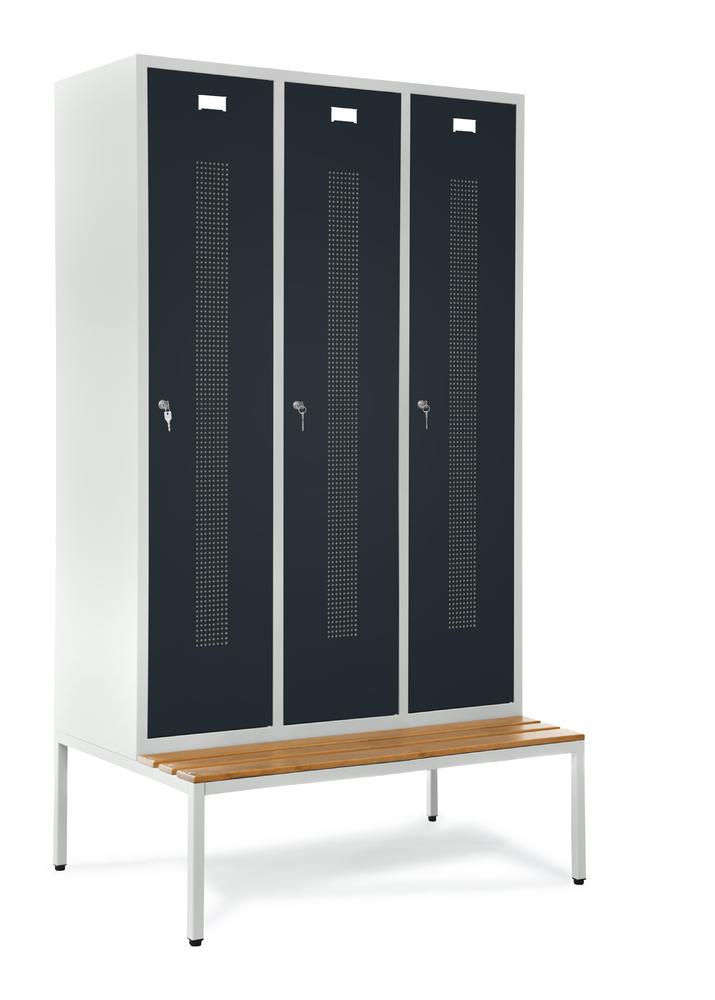 Garderobekast metaal met zitbank | antraciet RAL 7021 | met ondergebouwde zitbank, houten latten | 400 | cilinderslot