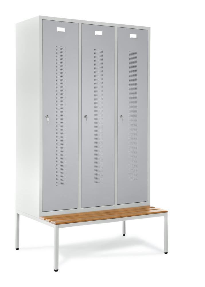 Garderobekast metaal met zitbank | aluzilver RAL 9006 | met ondergebouwde zitbank, houten latten | 400 | cilinderslot