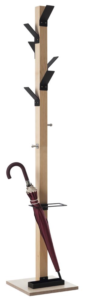 Staande kapstok van hout, 6 haken paraplubak | zwart