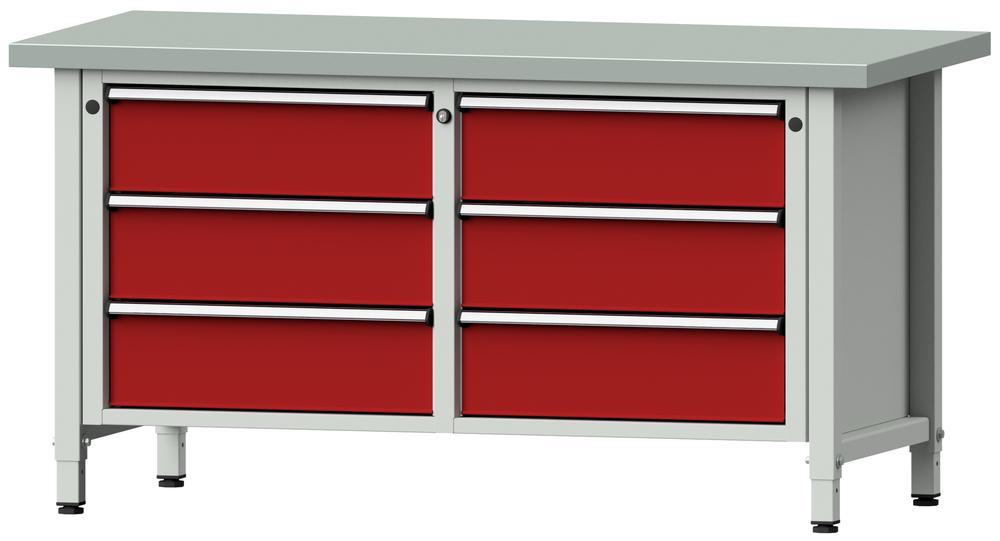 Werkbank SERIE ERGO | karmijn RAL 3002 | 6 lades | plaatstaal blad