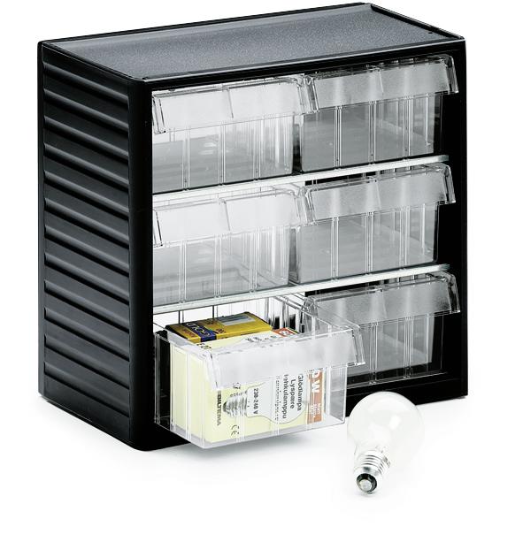 Ladekast voor kleine onderdelen met 6 laden | H 290 x B 310 x D 180 mm | 6 laden - Typ 6 (maat B 138 x H 59 x D 175 mm)
