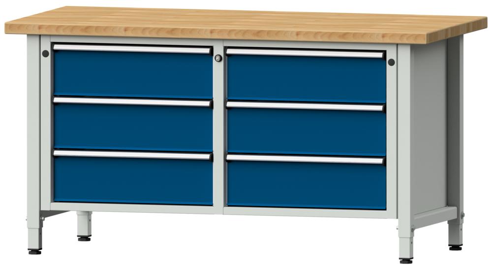 Werkbank SERIE ERGO | gentiaanblauw RAL 5010 | 6 lades | massief-beuken-blad