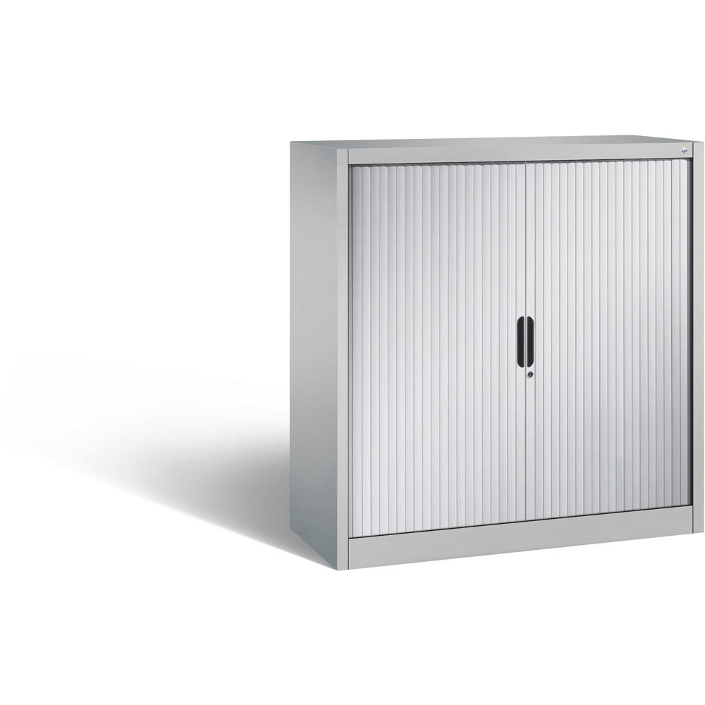 Bijzetkast met roldeur, metaal | aluzilver RAL 9006 | 1200 | Rolluikaanslag midden | 1230 mm (3 OH)