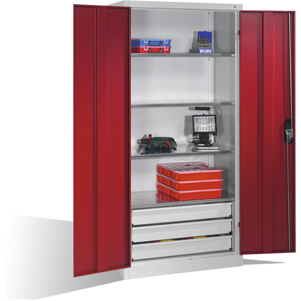 Stalen draaideurkast SYSTEM TMF 110 | robijnrood RAL 3003 | 1950 | 930 | 600 | ladesblok onder