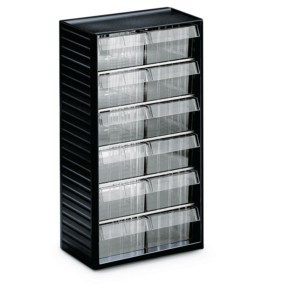 Ladekast voor kleine onderdelen met 12 laden | H 550 x B 310 x D 180 mm | 12 laden - Typ 6 (maat B 138 x H 59 x D 175 mm)