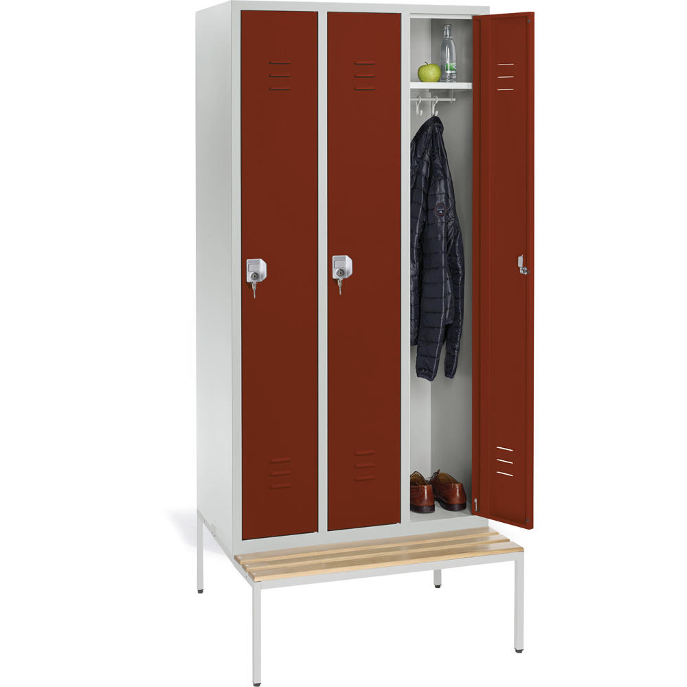 Stalen garderobekast SYSTEM SP2 met zitbank | robijnrood RAL 3003 | met ondergebouwde zitbank, houten latten | 300 | cilinderslot