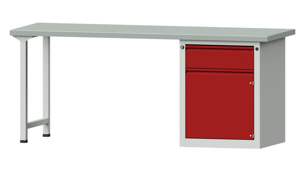 Werkbank SERIE ALLROUND | karmijn RAL 3002 | 2000 | mit 1 lade, 1 deur | plaatstaal blad