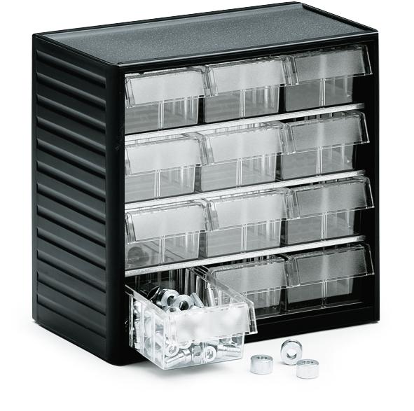 Ladekast voor kleine onderdelen met 12 laden | H 290 x B 310 x D 180 mm | 12 laden - Typ 4 (maat B 92 x H 59 x D 175 mm)
