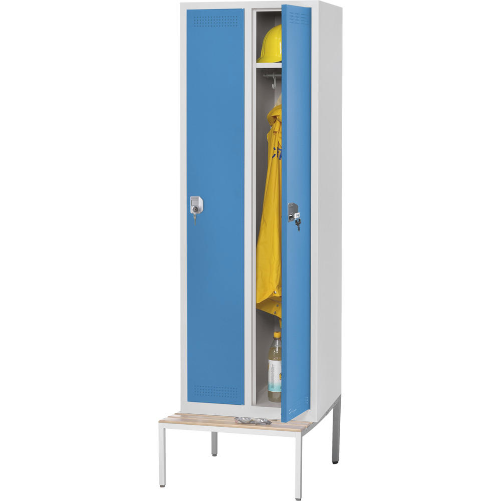 Metalen garderobekast SP PROFI met zitbank | lichtblauw RAL 5012 | met ondergebouwde zitbank, houten latten | 300 | cilinderslot