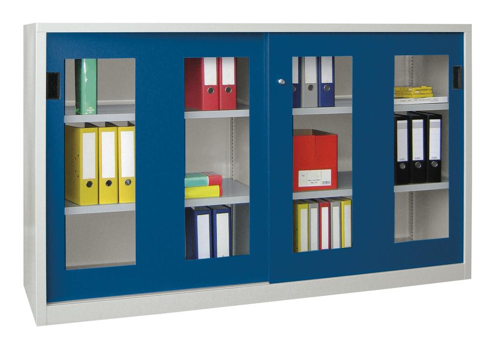 Stalen schuifdeurkast SYSTEM FLEX | gentiaanblauw RAL 5010 | 2000 | 400 | met acrylglasdeuren