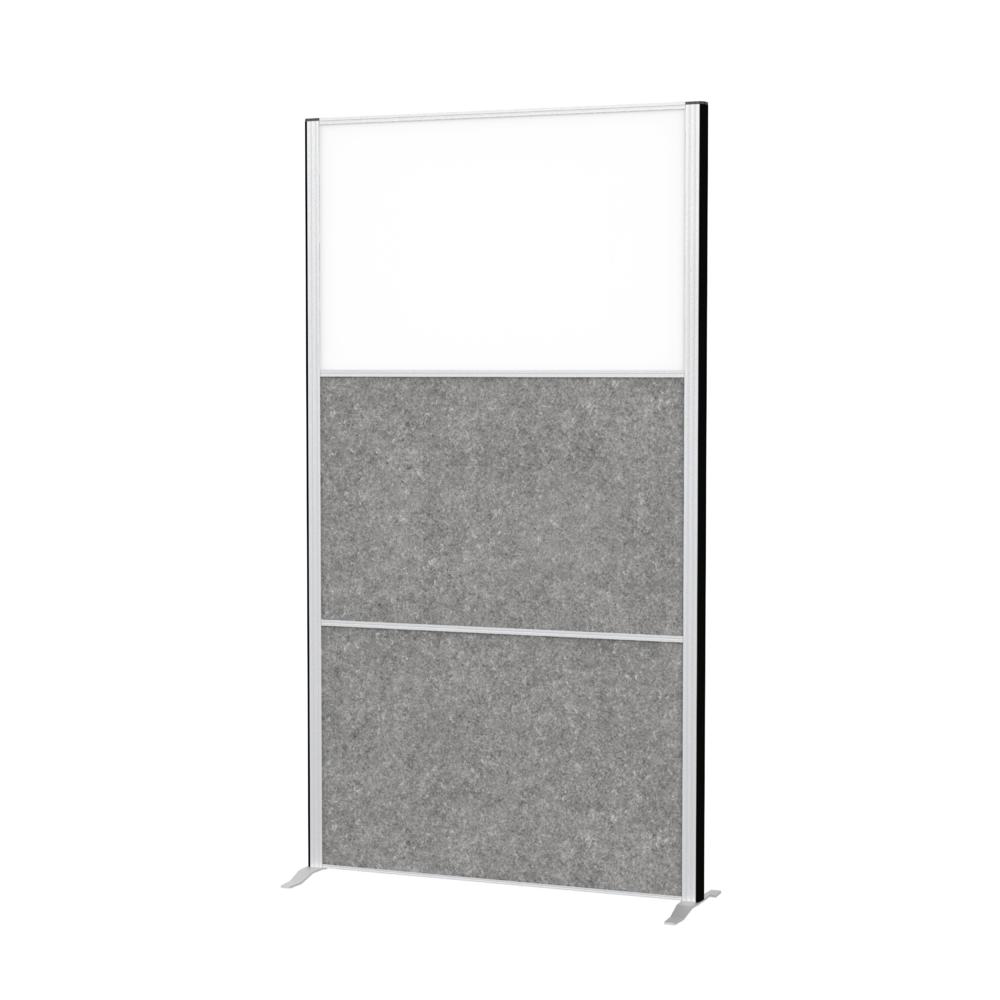 Wandpaneelsysteem met voetstukken | 2 akoestische elementen donkergrijs, 1 x whiteboardelement | met voet, frame zilver