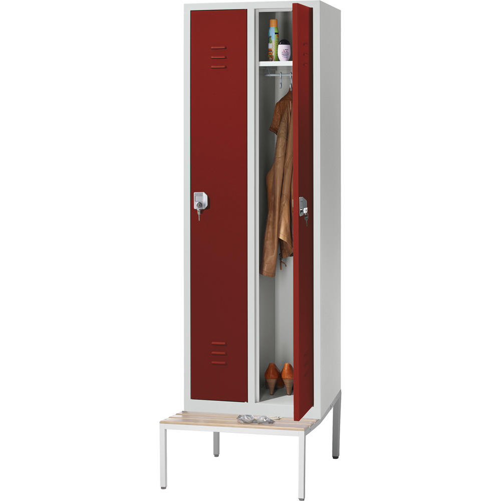Stalen garderobekast SYSTEM SP2 met zitbank | robijnrood RAL 3003 | met ondergebouwde zitbank, houten latten | 300 | cilinderslot