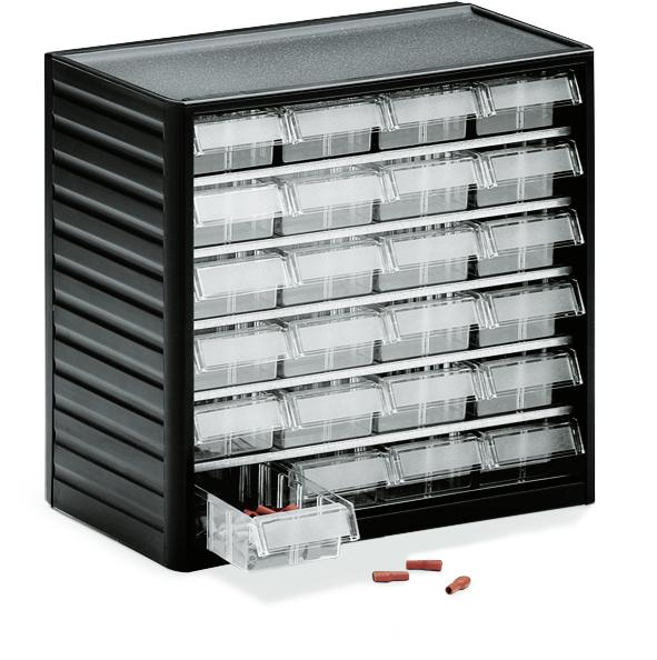 Ladekast voor kleine onderdelen met 24 laden | H 290 x B 310 x D 180 mm | 24 laden - Typ 2 (maat B 69 x H 37 x D 175 mm)