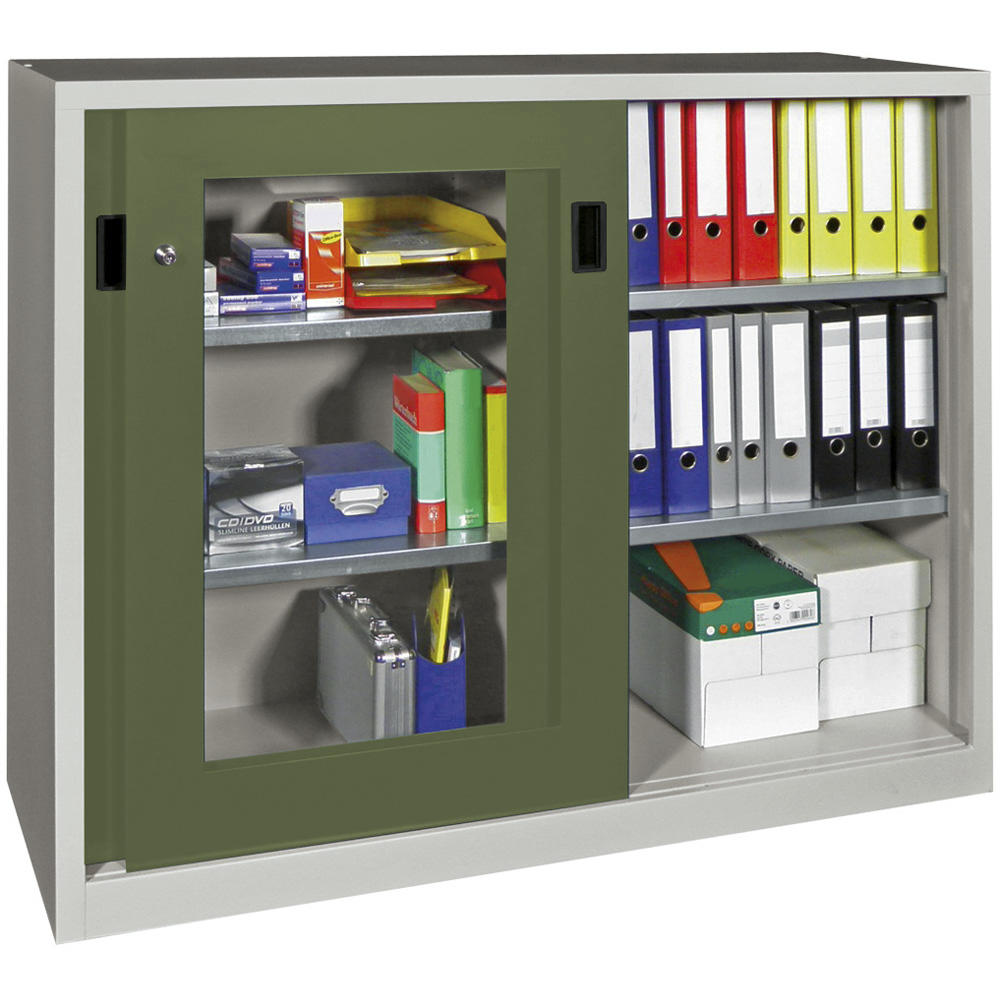 Stalen schuifdeurkast SYSTEM FLEX | resedagroen RAL 6011 | 1500 | 600 | met acrylglasdeuren