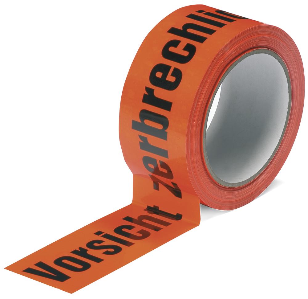 PVC-waarschuwingstape, geluidsarme tape | Tekstopdruk: Vorsicht zerbrechlich!