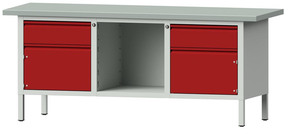 Werkbank SERIE ALLROUND | karmijn RAL 3002 | plaatstaal blad