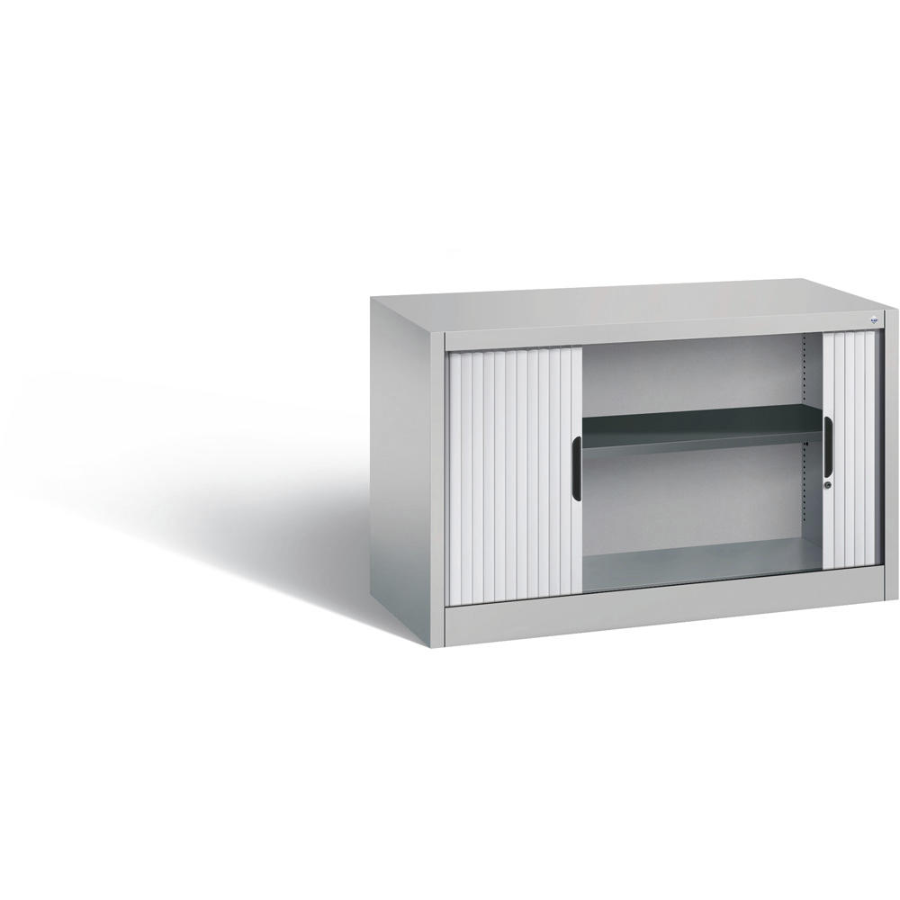 Bijzetkast met roldeur, metaal | aluzilver RAL 9006 | 1200 | Rolluikaanslag midden | 720 mm (1,5 OH)