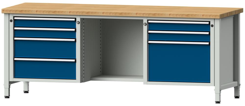 Werkbank SERIE ERGO | gentiaanblauw RAL 5010 | 7 lades + 1 vak | massief-beuken-blad