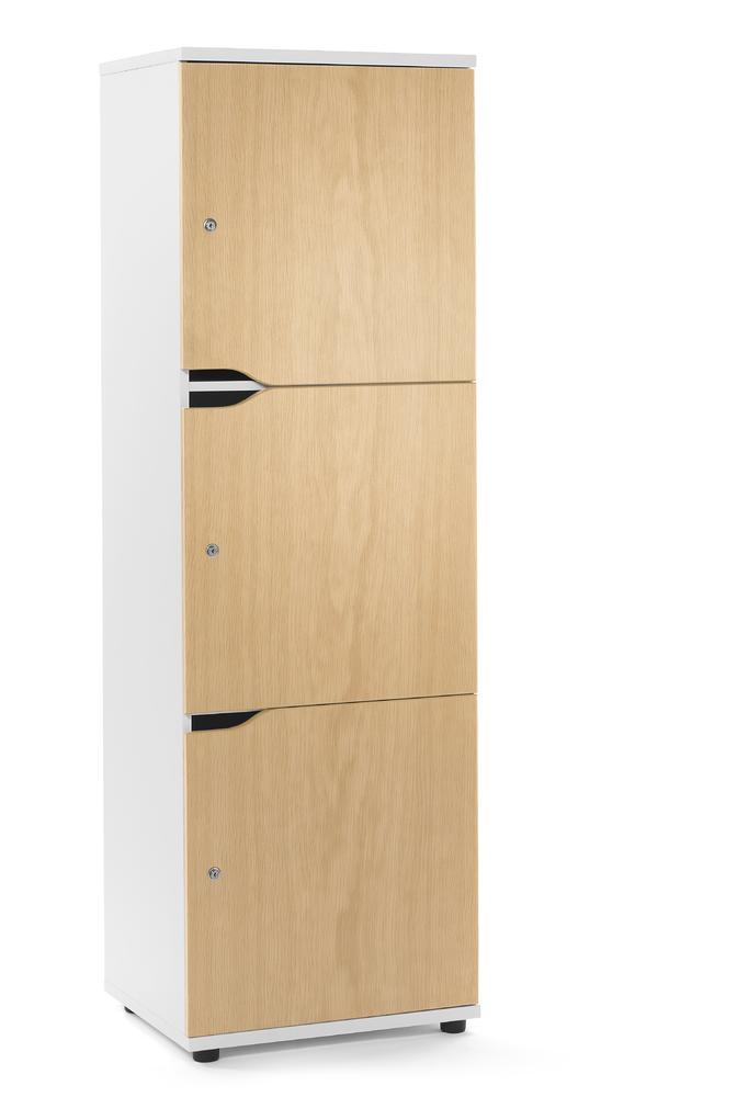 Lockers OFFICE-LINE met 3 vakken | beukdecor | wit | cilinderslot met wisselcilinder