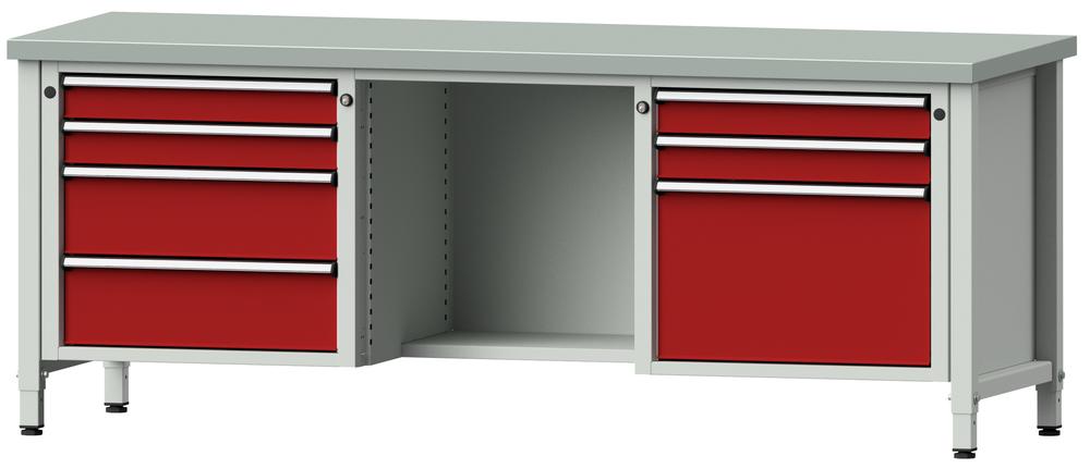 Werkbank SERIE ERGO | karmijn RAL 3002 | 7 lades + 1 vak | plaatstaal blad