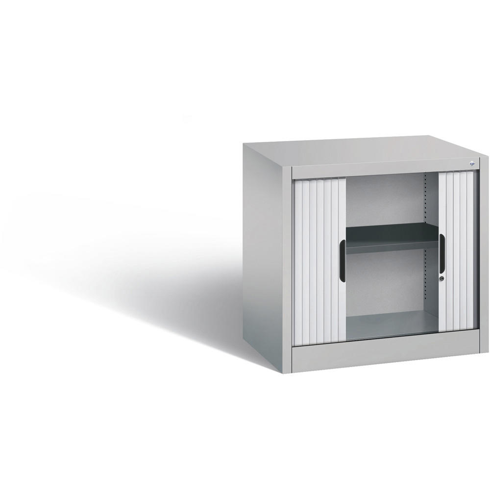 Bijzetkast met roldeur, metaal | aluzilver RAL 9006 | 800 | Rolluikaanslag midden | 720 mm (1,5 OH)