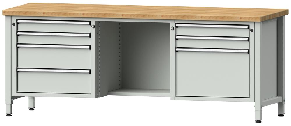 Werkbank SERIE ERGO | lichtgrijs RAL 7035 | 7 lades + 1 vak | massief-beuken-blad