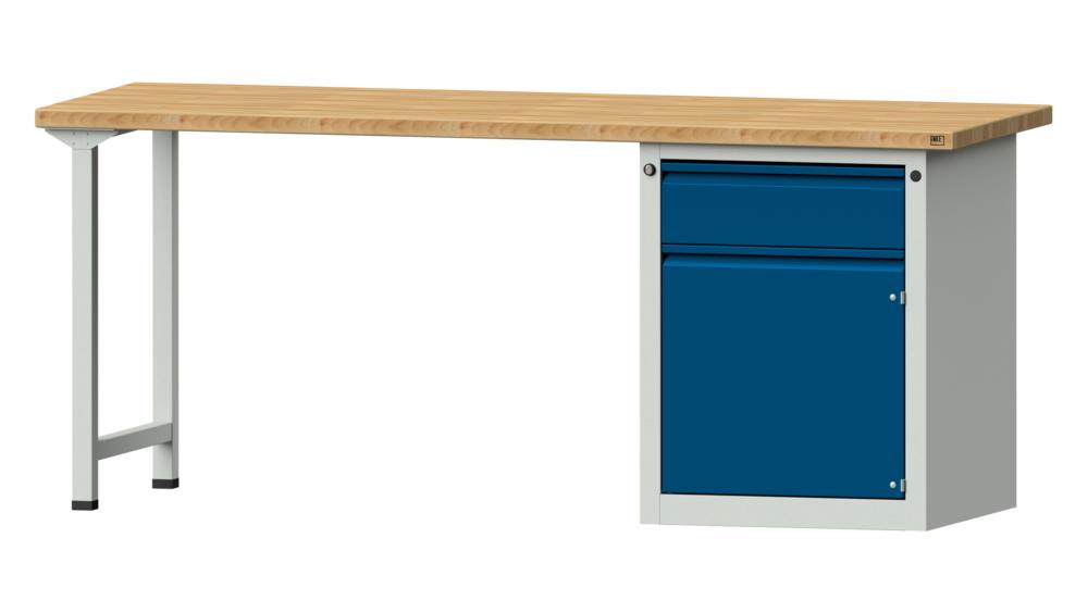 Werkbank SERIE ALLROUND | gentiaanblauw RAL 5010 | 2000 | mit 1 lade, 1 deur | massief-beuken-blad