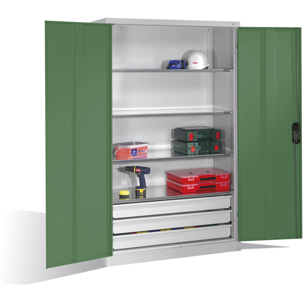 Stalen draaideurkast SYSTEM TMF 110 | resedagroen RAL 6011 | 1950 | 1200 | 600 | ladesblok onder