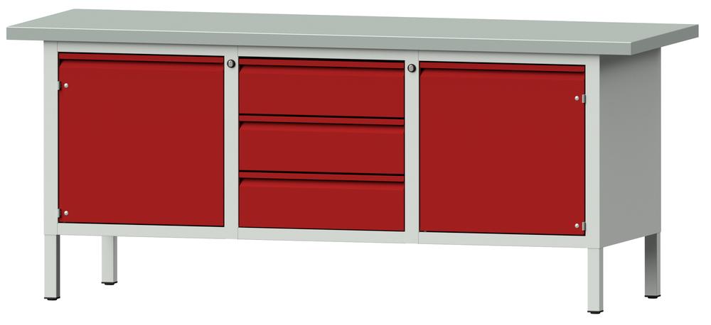 Werkbank SERIE ALLROUND | karmijn RAL 3002 | plaatstaal blad