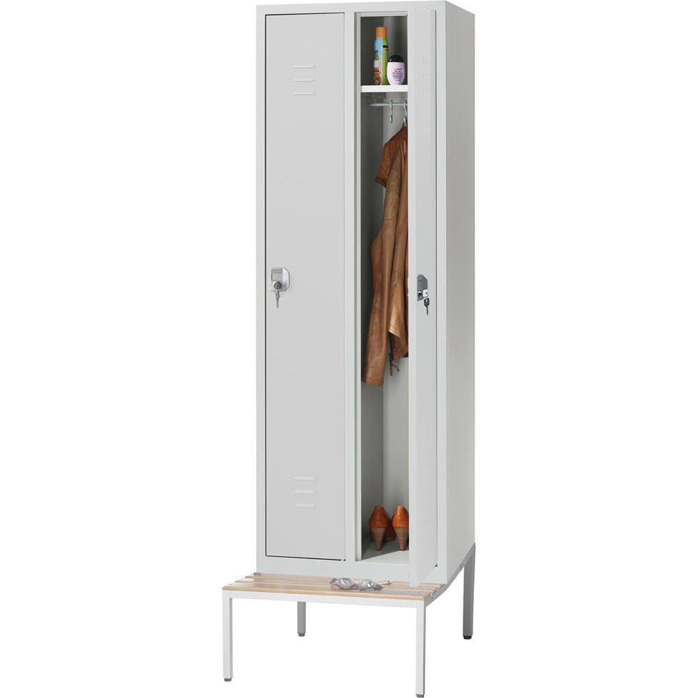 Stalen garderobekast SYSTEM SP2 met zitbank | lichtgrijs RAL 7035 | met ondergebouwde zitbank, houten latten | 300 | cilinderslot