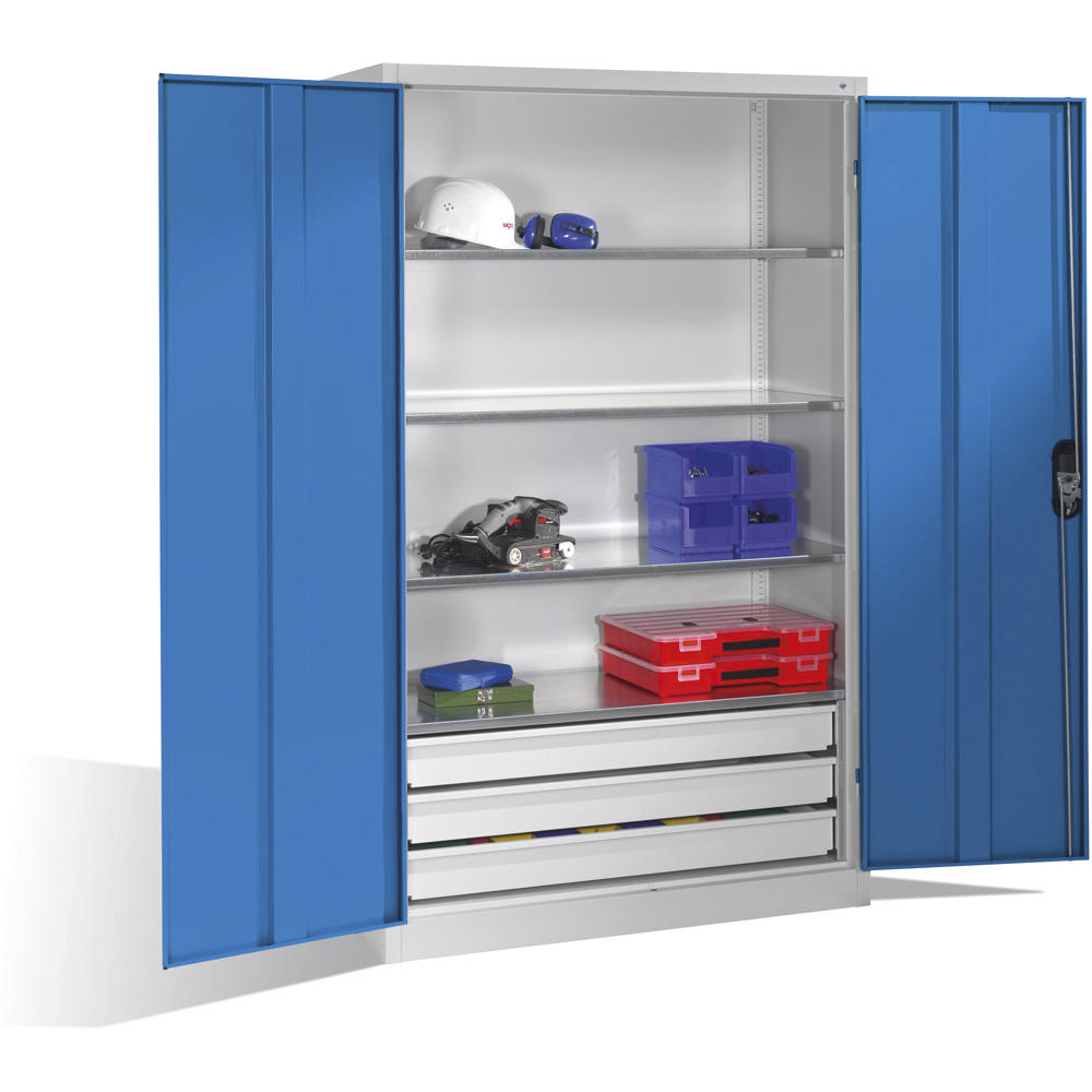 Stalen draaideurkast SYSTEM TMF 110 | lichtblauw RAL 5012 | 1950 | 1200 | 600 | ladesblok onder