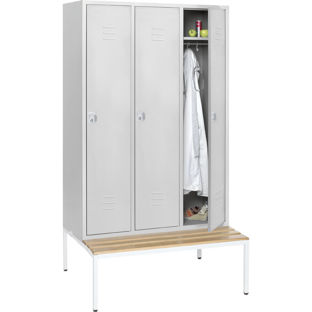 Stalen garderobekast SYSTEM SP2 met zitbank | lichtgrijs RAL 7035 | met ondergebouwde zitbank, houten latten | 400 | cilinderslot