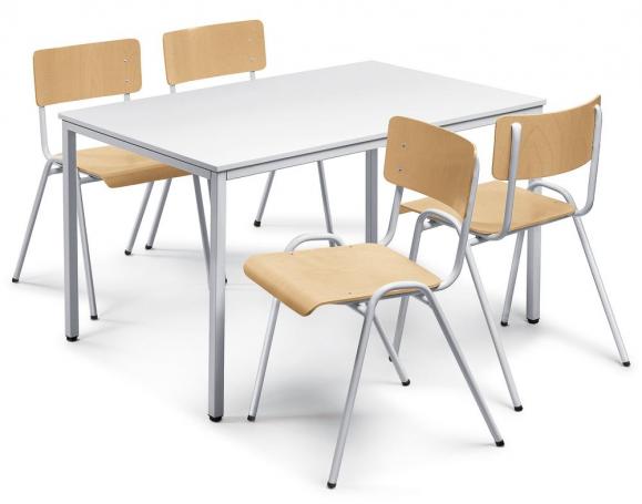 SET: 1 tafel, 4 stapelstoelen hout lichtgrijs | Tafelgroote B 1600 x D 800 mm | aluzilver RAL 9006