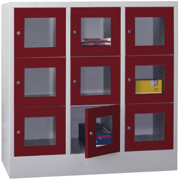 Lockerkast CLASSIC met deuren met kijkvensters robijnrood RAL 3003 | 400 | 3 | 9