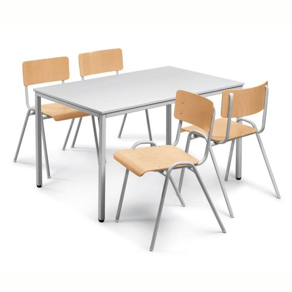 SET: 1 tafel, 4 stapelstoelen hout lichtgrijs | Tafelgroote B 1600 x D 800 mm | lichtgrijs RAL 7035