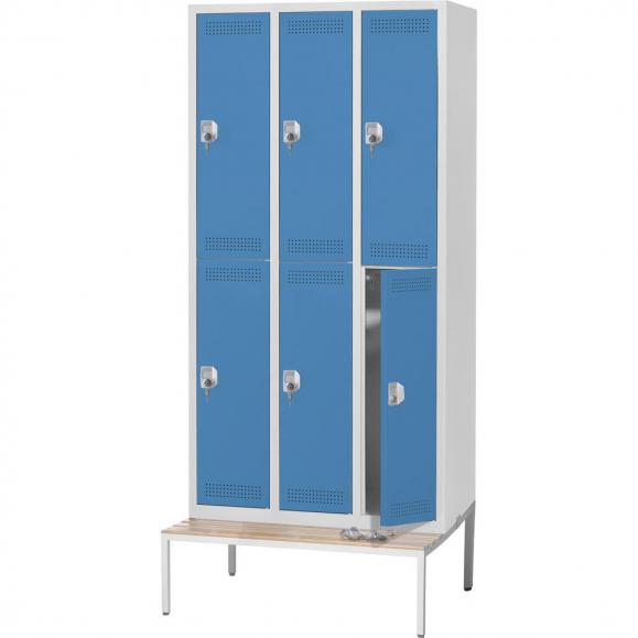 Garderobekast met 2 niveaus SP PROFI met zitbank lichtblauw RAL 5012 | 6 | cilinderslot | met ondergebouwde zitbank, houten latten