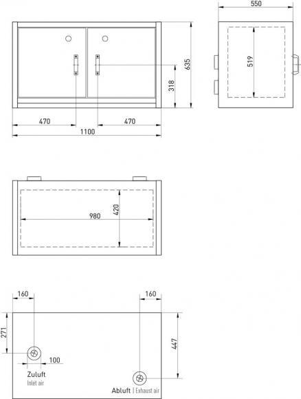 Onderbouwveiligheidskast dubbele deur type 90, rvs 1 x legbord, 1 x geperforeerde plaat, 1 x lekbak 24 l, rvs